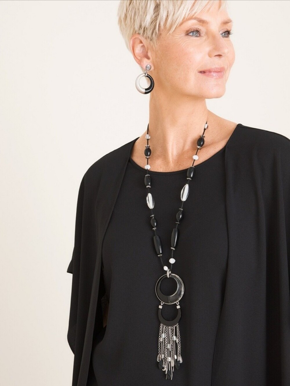 Chico's Lele Beaded Black And White Tassel Pendant Bohemian Necklace